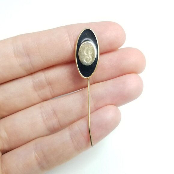 Vintage J Monogram Stick Pin, Gold Tone Black Background, Engraved Initial - Picture 5 of 5